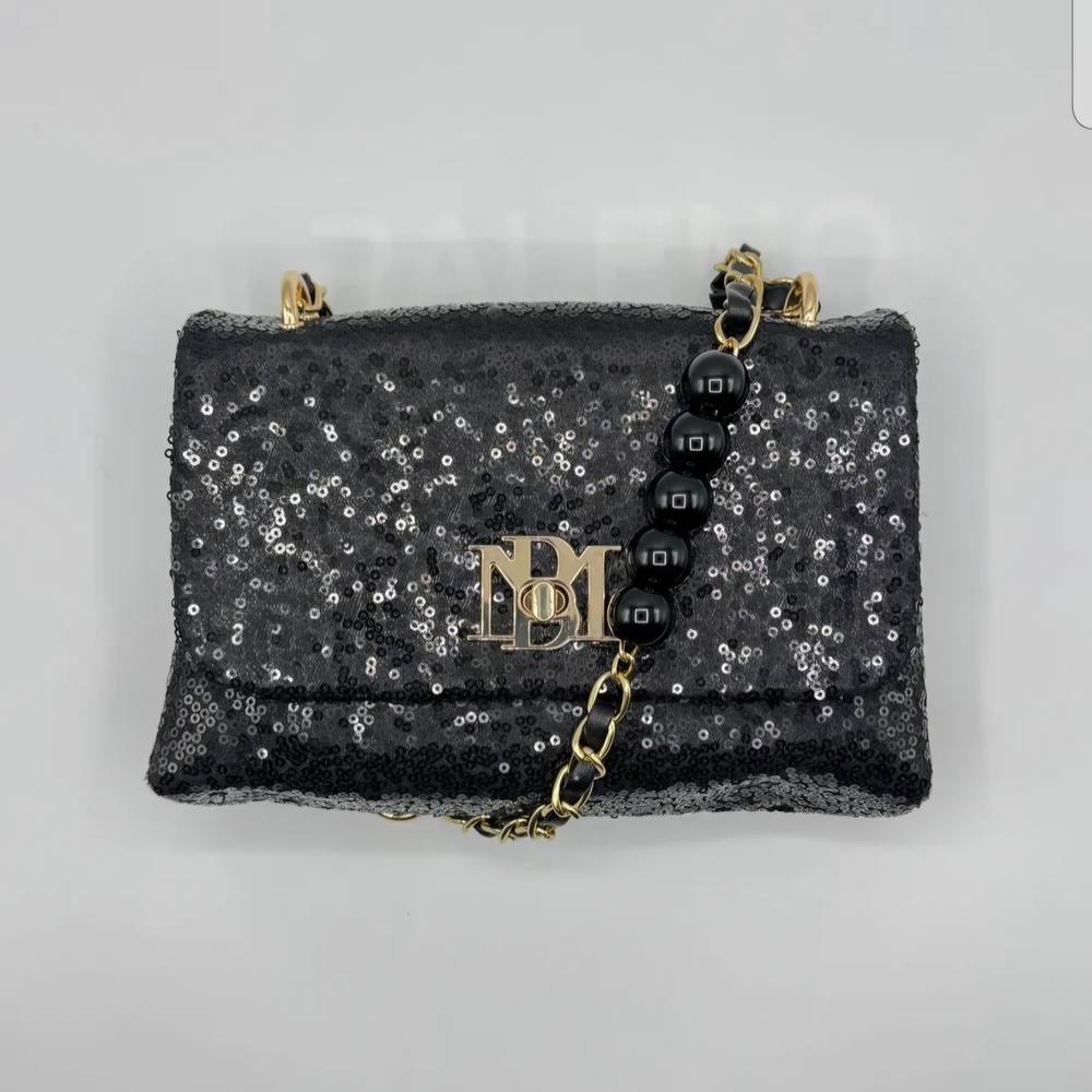 Badgley Mischka Elegant Black Sequin Crossbody Bag with Gold Accents
